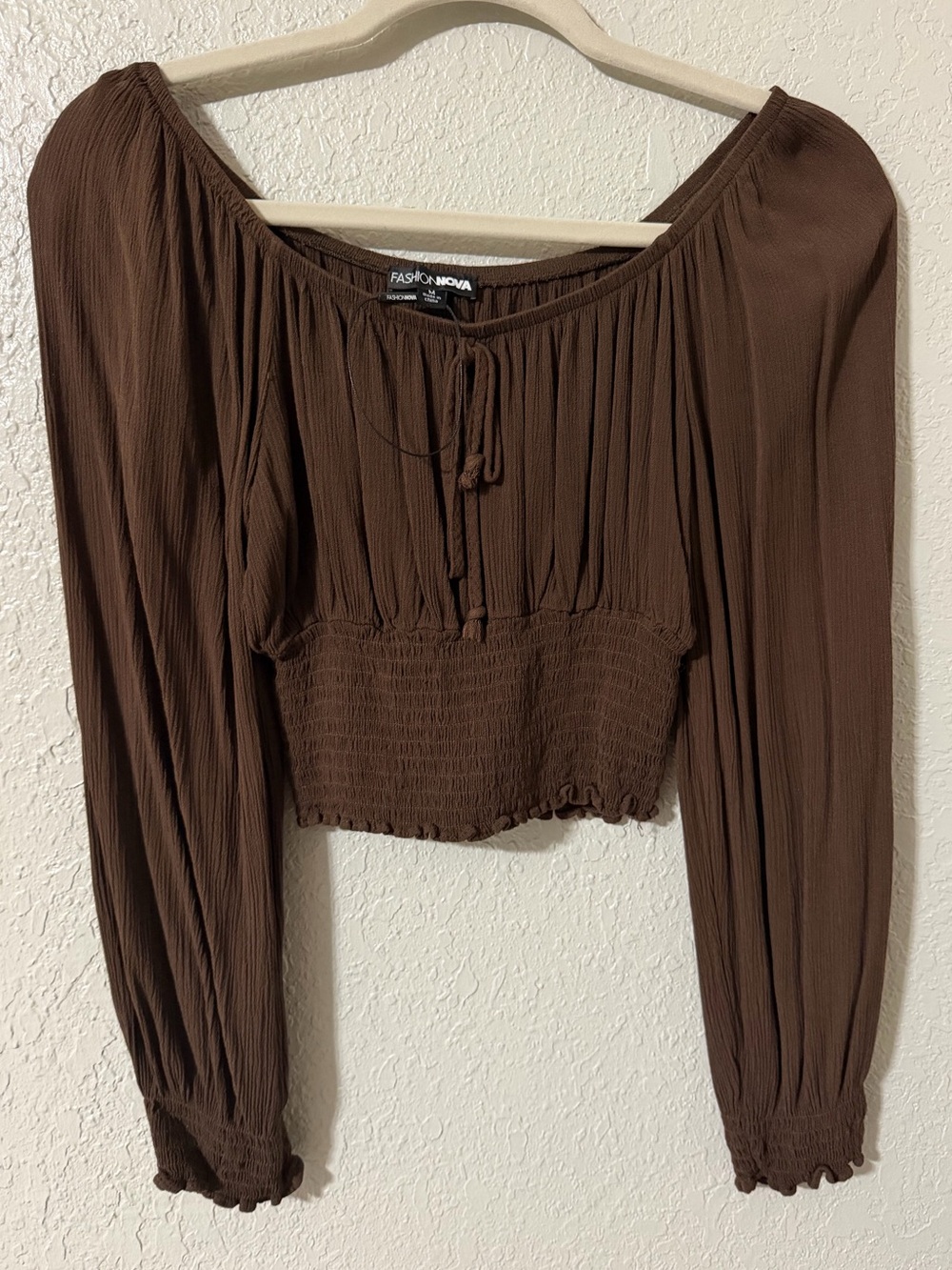 Fashion Nova Chocolate Brown Long Sleeve Smocked Crop Top